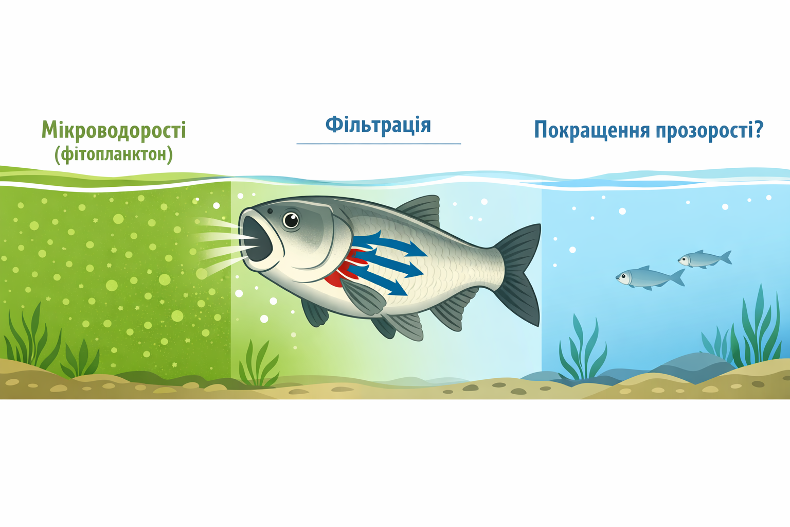 Коротко: у неарендних (інвазійних) умовах товстолобик строкатий не є надійним «очищувачем мікроводоростей» і може як не змінювати прозорість, так і погіршувати її через трофічні каскади та рециклізацію поживних речовин. Потенційні короткочасні чи локальні покращення можливі, але вимогливі до контексту (розмірний склад фітопланктону, наявність «укриттів» для великого зоопланктону, інтенсивність зарибнення, режим вилову тощо). 
